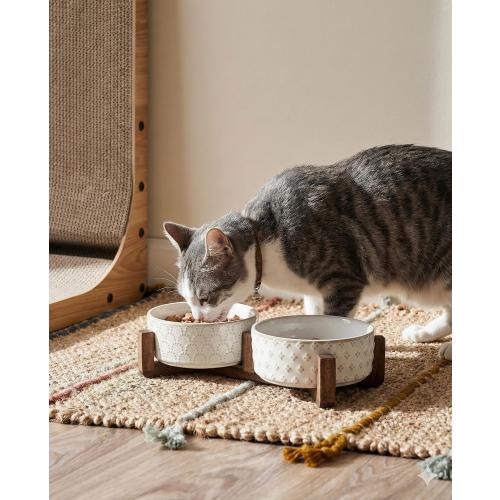 LE TAUCI Dog Bowl Set with Acacia Wood Stand - 1.8-Cup Ceramic Puppy Bowls for Small Dogs, Dual Food and Water Bowls with Weighted Non-Slip Base