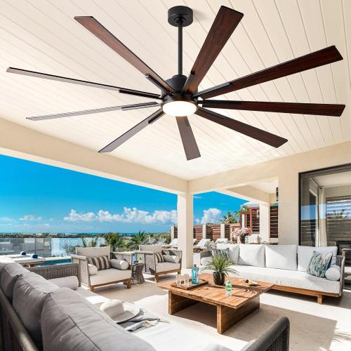 72 Inch Ceiling Fan with Lights, Large Outdoor Ceiling Fans, Modern Industrial Ceiling Fan 9 Blades for Great Room, Large Living Room Patio Farmhouse Damp Rated, Quiet Reversible DC Motor Dark Walnut