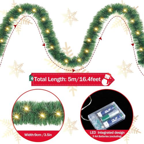 Kingdder 16.4 ft Christmas Tinsel Garland Lighted Metallic Twist Tree Decoration Prelit Battery Operated 50 LED Hanging Garland for Xmas New Year Home Outdoor Decor(Warm White, Green)