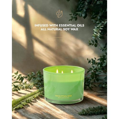 96NORTH Luxury Eucalyptus & Sage Soy Candle | Large 3 Wick Jar Candle | Up to 50 Hours Burning Time | 100% Natural Soy Wax | Housewarming Gift for Men and Women