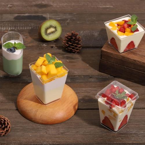 CLEAR CUPS Eupako 100 Pack 5 oz Square Clear Plastic Dessert Cups Small Clear Plastic Tumbler Cups Great for Desserts, Appetizers, Puddings, Mousse and More