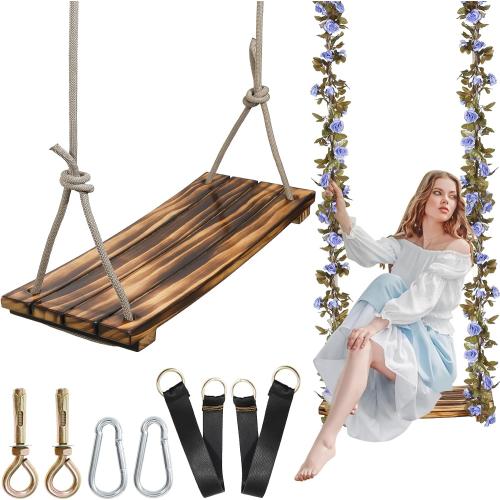 2026 Upgraded Large Wooden Swing Seat, 24x 8, Hanging Tree Swing for Adults & Kids, 500lbs Load, Adjustable Nylon Rope & Tree Straps, Indoor/Outdoor Swings with Purple Floral Garland