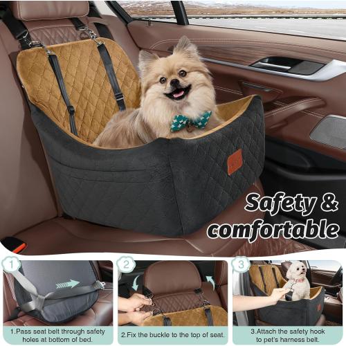 Black and Coffee Medium Size Dog Booster Car Seat for Up to 35lbs Pets,Easy to Install,Fully Detachable and Washable,Anti-Slip Base,Snug Puppy Car Seat with 2 Clip-On Leashes(Black/Coffee,Medium)