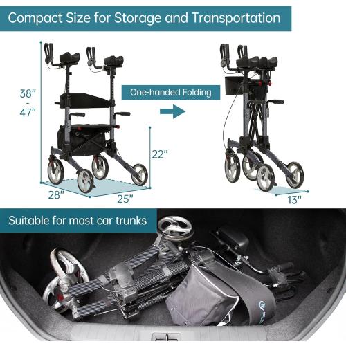 ELENKER Upright Walker, Stand Up Folding Rollator Walker with 10” Front Wheels Backrest Seat and Padded Armrest for Seniors(Carbon Fiber Black)