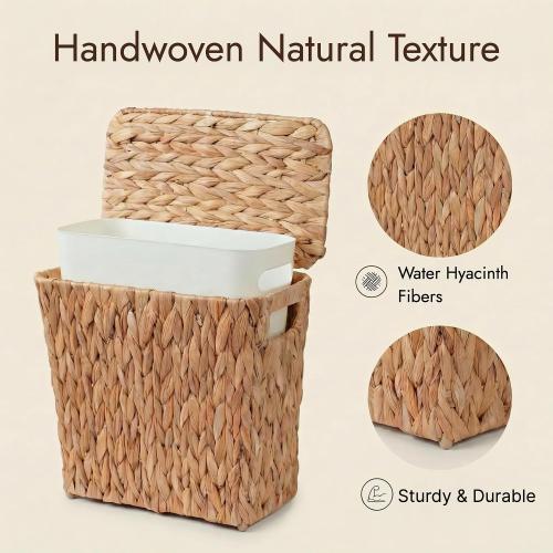 YANGQIHOME Water Hyacinth Bathroom Trash Can with Lid, Slim Rectangular Woven Waste Basket with Removable Waterproof Inner Bin, Decorative Wastebasket for Bedroom,2 Gallon,12.6’’L x 6.3’ W x 11’’H