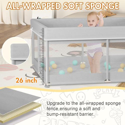 Omzer Baby Playpen with Mat 71x59inch: Large Playpen for Babies and Toddlers Indoor Safety Play Pen with Soft Breathable Mesh - All-Wrapped Sponge Sturdy Play Yard with Stable Mat Magic Sticker