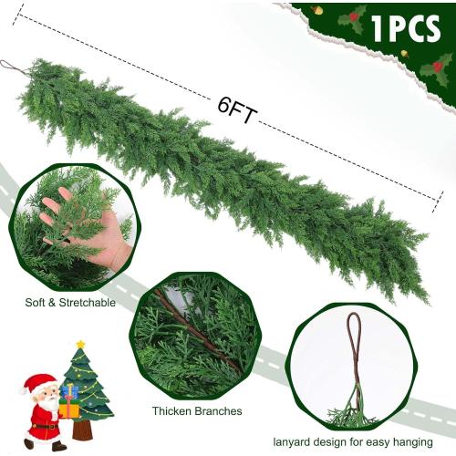 6 Ft Christmas Cedar Pine Garlands, Artificial Cedar Garland, Realistic Green Artificial Greenery Garland for Table, Mantle, Wall, Indoor, Outdoor Christmas Decorations (1, 6 FT)