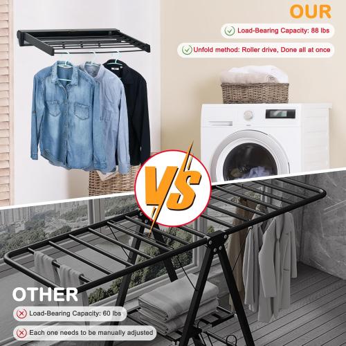 Color Black Wall Mounted Drying Rack, Aluminum Collapsible, 88 lbs Capacity, Foldable Laundry Rack for Drying Clothes