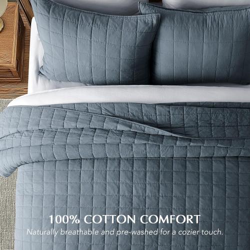 EVERGRACEHOME 100% Cotton Box Stitch Quilt Bedding Set King Size 3 Pieces, Garment-Washed Lightweight Soft Cozy Coverlet, Oversized Quilted Bedspread Sets with 2 Shams for All Season, Midnight Blue