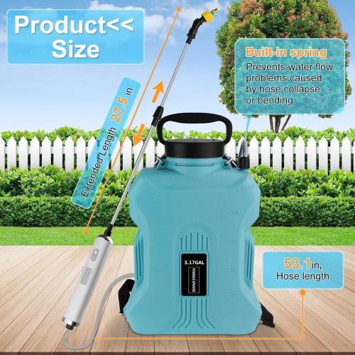 Size 3.17 Gallon Color Blue Battery Powered Sprayer, Backpack Sprayer in Lawn and Garden, Electric Sprayer with 4 Nozzles, Retractable Pole, and USB Charging Handle for Weeding, Watering, and Cleaning