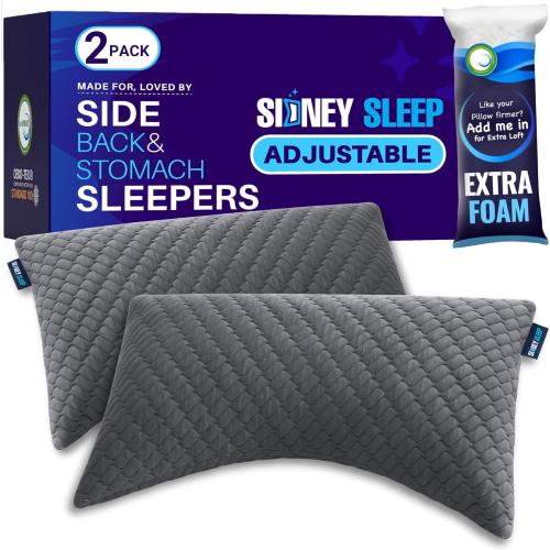Sidney Sleep Set of 2 Queen Size Bed Pillows for Side and Back Sleepers - Adjustable Filling - Memory Foam Pillows for Neck and Shoulder Pain - Customizable Loft - Extra Foam Included (Grey)