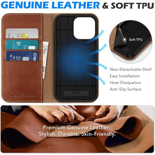 Size iPhone 15 Max pro SHIELDON Case for iPhone 15 Pro Max 6.7, Genuine Leather Wallet Flip Magnetic Cover RFID Blocking Credit Card Holder Kickstand TPU Shockproof Case Compatible with iPhone 15 Pro Max 5G - Retro Brown