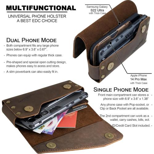 Brown Leather Double Phone Case for Two Phones, Double Phone Holster for Men Belt, Belt Clip Dual Phone Pouch for iPhone 16 Pro Max, Samsung Galaxy S23 Ultra, for Work, Construction, Large Brown