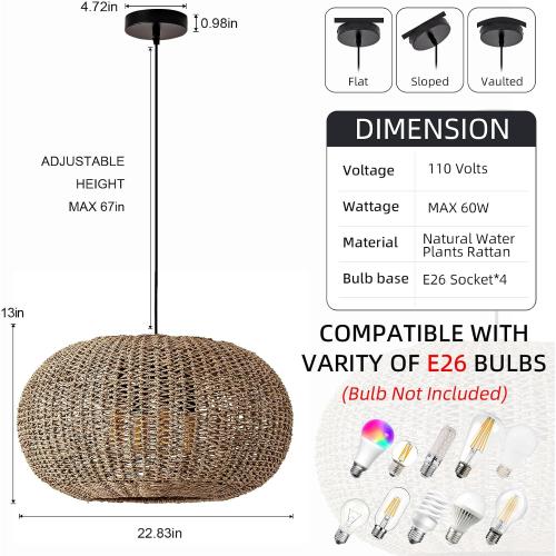 22.83in Large Rattan Chandelier Wicker Hand-Woven Pendant Light | Boho Light Fixture Farmhouse Ceiling Hanging Lighting for Living Room Kitchen Island Dining Room Hallway, 4-Lights