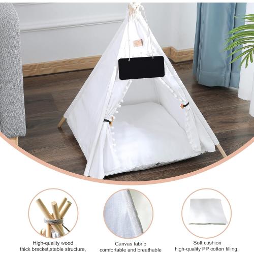 Pet Teepee, Portable Pet Tents for Small Dogs or Cats, Puppy Sweet Bed Washable Dog or Cat Houses with Cushion(White,24in)