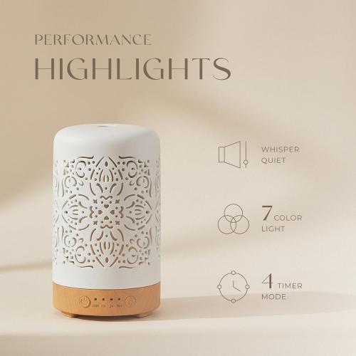 Earnest Living Essential Oil Diffuser White Ceramic Diffuser 100 ml Timers Night Lights and Auto Off Function Home Office Humidifier Aromatherapy Diffusers for Essential Oils