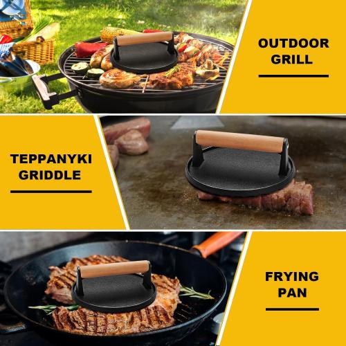 AIVIKI Burger Press, Smash Burger Press for Blackstone Griddle, Heavy Duty Cast Iron Round Bacon Grill Press with Wood Handle, Meat Steak Weight for Sandwich, Paninis (Round)