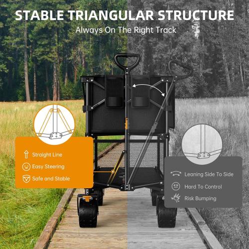 Black Foldable 50''L Extra Long Double Decker Wagon for Sport, 400L Collapsible Heavy Duty Wagon Cart with Big Wheels, Utility All-Terrain Large Extender Cart for Outdoors
