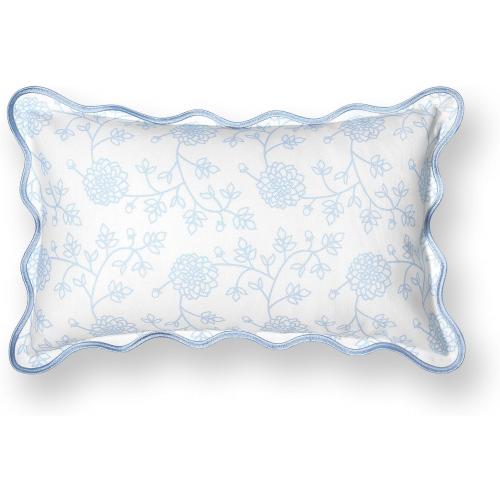 Hofdeco Premium Coastal Patio Indoor Outdoor Scalloped Lumbar Pillow Cover Only, 12x20 Water Repellent for Backyard, Couch, Baby Blue Print Dahlia Floral