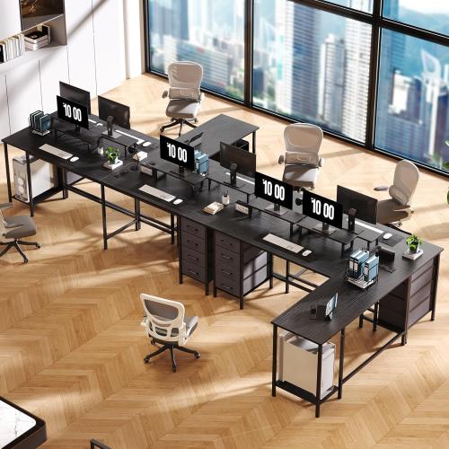 Size 59 inch Color Black  L Shaped Computer Desk with Power Outlets, Home Office Desk with 4 Adjustable Storage Drawers & 2 Monitor Stands, Two Person Gaming Table for Bedroom, Black