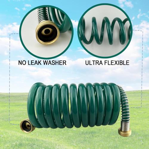 Garden Hose, Green PU Curly Water Hose with Brass Connectors,Watering Hose Coil,Retractable,Corrosion Resistant Garden Coil Hose (Dark Green, 25 FT)