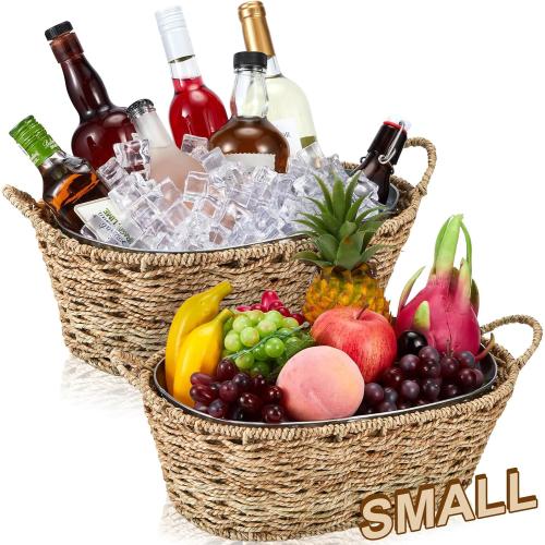 Domensi 2 Pcs Small 3 Gallons Ice Bucket with Wicker Outer Basket Handle Beverage Tub Grass Rope Woven Farmhouse Galvanized Bucket for Party Seaside Bar Buffet Wine Beer Bottle, 15.5 x 9.2 x 6.1 in