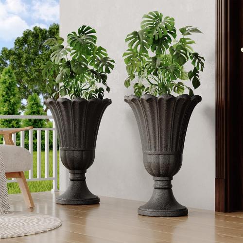 ‼️may be missing or broken pieces and this product has scratches and mild stains ‼️23 Tall Planters for Outdoor Plants Set of 2, Planter with Drainage Holes and Petal Design, Large Outdoor Planters for Porch, Garden, Indoor, Black