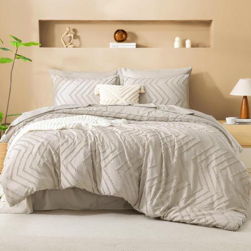 Litanika Queen Comforter Set with Sheets Beige - 7 Pieces Bed in a Bag Queen Chevron Tufted Complete Bedding Sets with Comforter, Sheets, Pillowcases & Shams