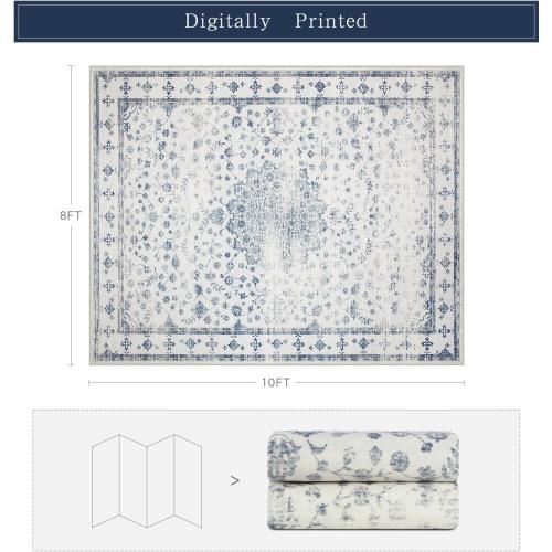 Srugn Washable Rugs 8x10 Area Rugs for Living Room,Rugs for Bedroom,Large Carpets,Ultra Soft Faux Wool Retro Dining Room Rug,Non Slip&Non-Shedding Low Pile Vintage Print Rug for Home Office-Blue
