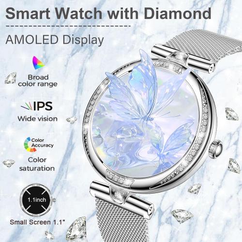 GADIXY Smart Watches for Women(Make/Answer Call) with Diamond:1.1 AMOLED Small Screen Fitness Tracker for HR/BP/SpO2/Sleep Monitor,Digital Running Smartwatch for Android/iOS (Silver)