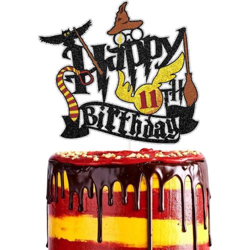 Wizard Happy 11th Birthday Cake Topper - Glitter School Wizard Cake Decor - Harry Theme Party 11th Birthday Party Decoration Supplies