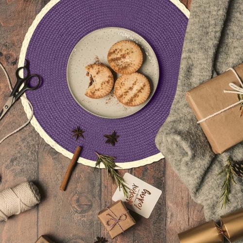 Noctiflorous Round Placemats Set of 6, 15 Inch Braided Hand Woven Table Mats, Heat Resistant Non-Slip Wipeable Thin Edge Place Mats for Kitchen Dining Indoor Outdoor Use(Purple, 6)