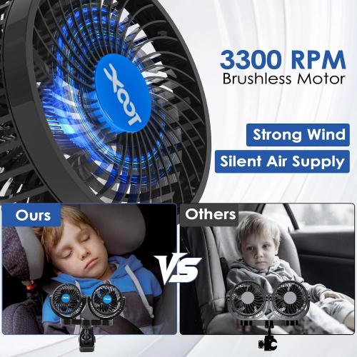 XOOL Clip Car Fan, Adjustable Dual Head 4 Inches 12V Fan for Front/Rear Seat Passenger, 360° Rotatable Electric Car Cooling Fans with Stepless Speed Regulation for SUV, RV, Vehicles