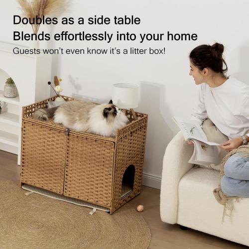 Furriends Cat Litter Box Enclosure with 2 Mats, Handwoven Rattan Hidden Litter Box Furniture Large 30.3”L x 18.2”W x 24.2”H, Double as Indoor Cat House or Side Table for Living Room Hallway, Tan