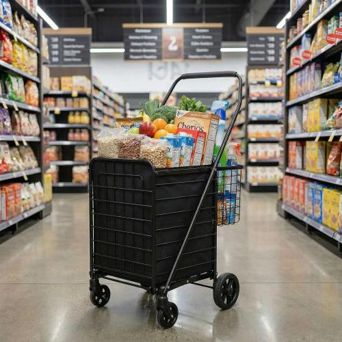 Folding Shopping Cart with Waterproof Liner & 360° Swivel Wheels | Collapsible Grocery Cart for Easy Transport, Ideal for Laundry, Shopping, and Travel – 132 LBS Capacity