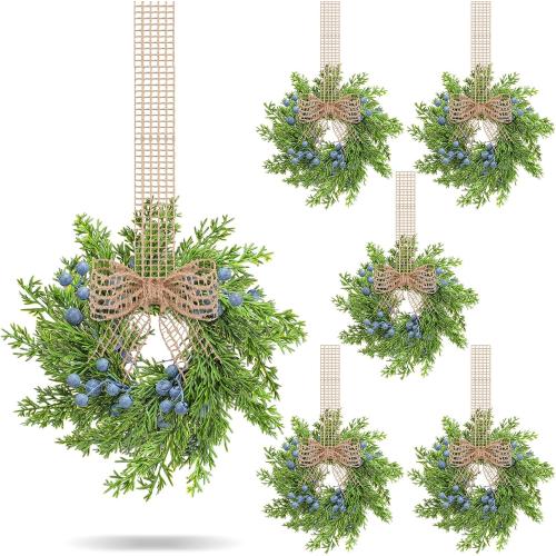 6 Pcs Artificial Blue Berry Mini Wreaths Small Vintage Kitchen Cabinet Wreath with Retro Burlap Ribbon for Farmhouse Rustic Front Door Window Wedding Bridal Shower Party Chair Wall Decor