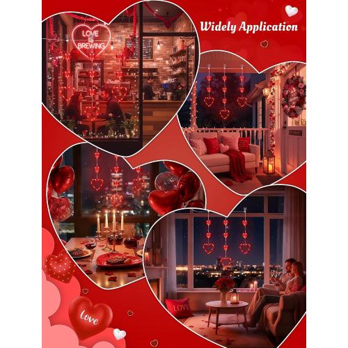 Valentines Day Window Lights, 65 LED 10 Red Heart Lights USB/Battery Operated, Timer Memory with 8 Modes Hanging Valentines Decorations Light for Valentine's Day Anniversary Wedding Decor