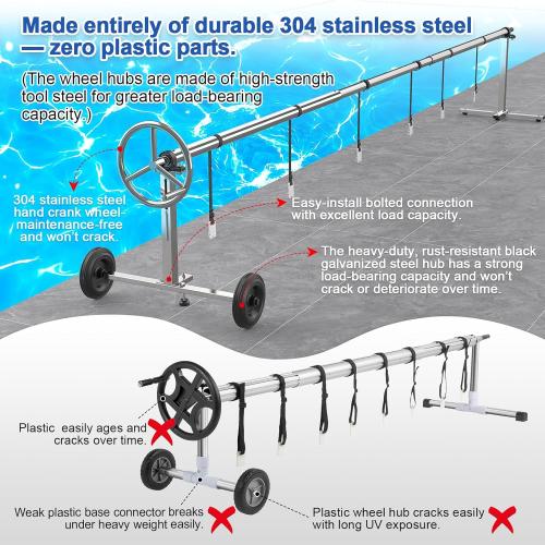 Abimars 18ft Pool Solar Cover Reel with Ball Bearings, 304 Stainless Steel Pool Solar Blanket Reel for Inground Pools, 304 Stainless Steel Tube Prevents Sagging, No Plastic Parts