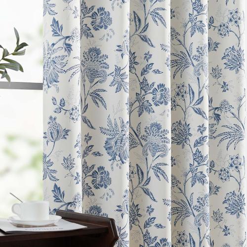 Vangao Blackout Curtains for Bedroom 84 Inches Long, Floral Curtains for Living Room Printed Flower Blackout Drapes Leaf Pattern Thermal Farmhouse Drapes Window Treatments, 2 Panels Blue and White