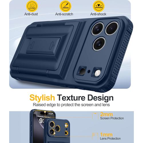 for iPhone 17 Pro Case with Card Holder（4-5 Cards）[9H Screen Protector ][Full Camera Protection][RFID Blocking][Hidden Kickstand] Rugged Heavy Duty Wallet Case for iPhone 17 Pro (Dark Blue)