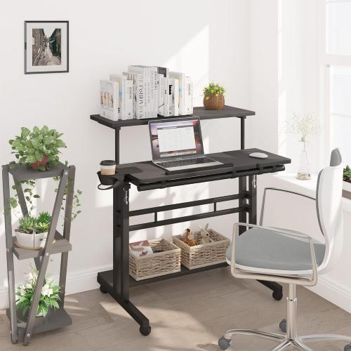 Mobile Standing Desk, Adjustable Rolling Computer Desk with 3 Desktops, Portable Laptop Table with Cup Holder, Home Office Laptop Workstation on Lockable Wheels, Black