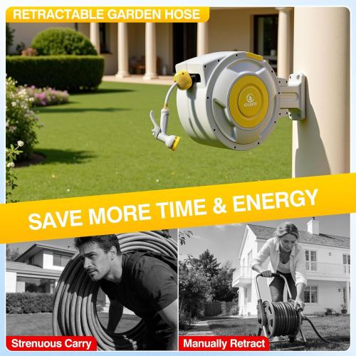 130 ft x 1/2 Retractable Garden Hose Reel, Heavy Duty Water Hose Reel Wall Mounted, Any Length Lock, 180°Swivel, Water Hose with 8-Function Nozzle for Cleaning, Watering (Yellow)