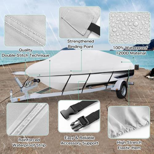 Heavy Duty 1200D PU Waterproof Boat Cover, 20'- 22' Trailerable Marine Grade Polyester Canvas, Fits 20-22ft V-Hull, Runabout, Fishing Boat, Tri-Hull, Pro-Style Bass Boat with Tightening Strap