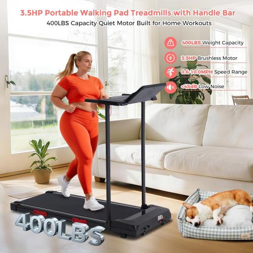 Walking Pad with Handle Bar, 3.5HP Electric Portable Walking Pad Treadmill with Handles, 0.6-10MPH Running Treadmill with Handles for Home Small, Big Screen, 400LBS Capacity