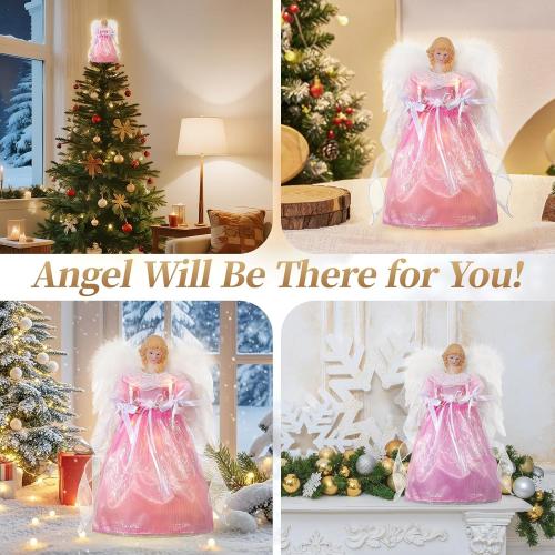 Lewondr Christmas Tree Topper Angel, 12'' Light Up Angel Tree Topper with Wings and Candle Light, 8 Modes and 6 Hrs Timer USB and Remote Operated Christmas Decor for Holiday Home Decor, Pink