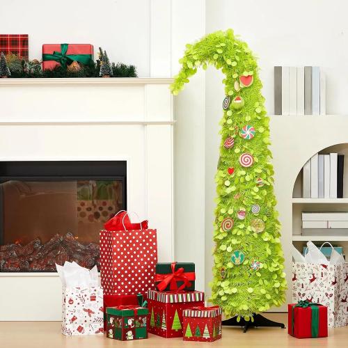 Syhood Whimsical Christmas Tree 5ft Bendable Pop up Collapsible 1 Minute Christmas Tree with 36 Wooden Ornaments for Indoor Outdoor Home Office Holiday Xmas Party Decor Supply