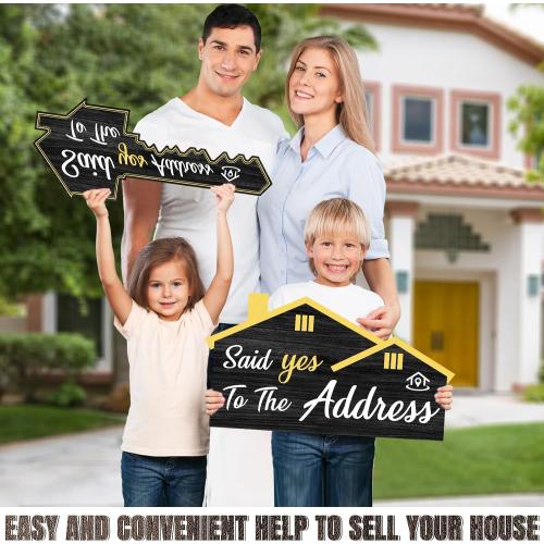 JarThenaAMCS 2 Pcs Extra Large Real Estate Sold Sign Double Sided Social Media Photo Props Wood House and Key Shaped Decor for New Homeowners Closing Gift Agent Supplies (Black, White)
