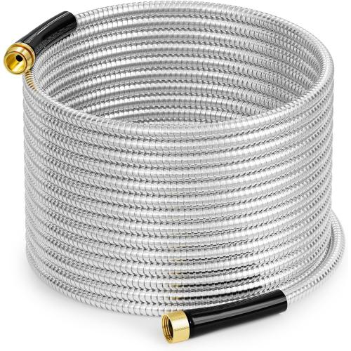 Stainless Steel Garden Water Hose 50 FT, Flexible and Lightweight Pipe, Non-Expandable Heavy Duty Metal Waterhose with Brass Fittings for Reel, Yard, Outdoor, Boat