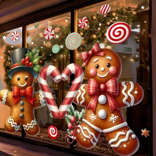 Christmas Window Clings Decorations:Extra Large Gingerbread Man Window Clings Watercolor Rustic Xmas Stickers for Kids Home Office School Winter Holiday Décor Christmas Decorations