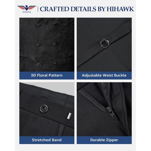 Mens 3 Piece Floral Tuxedo, Jacquard Slim Suit Set, Paisley Blazer Vest and Pants for Prom Wedding large